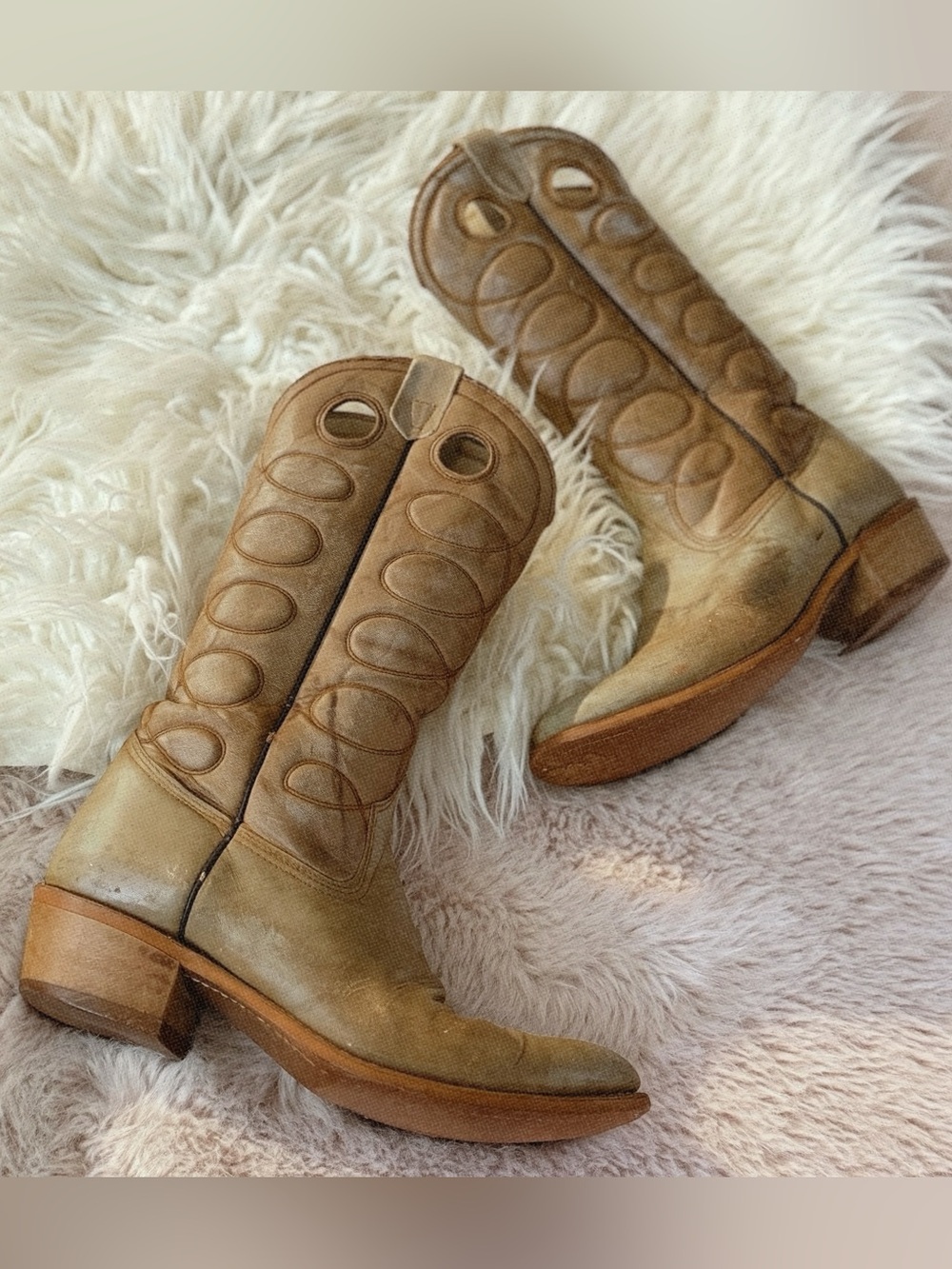 Vintage Western USA Made, Tan Taupe Embroidered Cowboy Boots Wedge Heel Leather